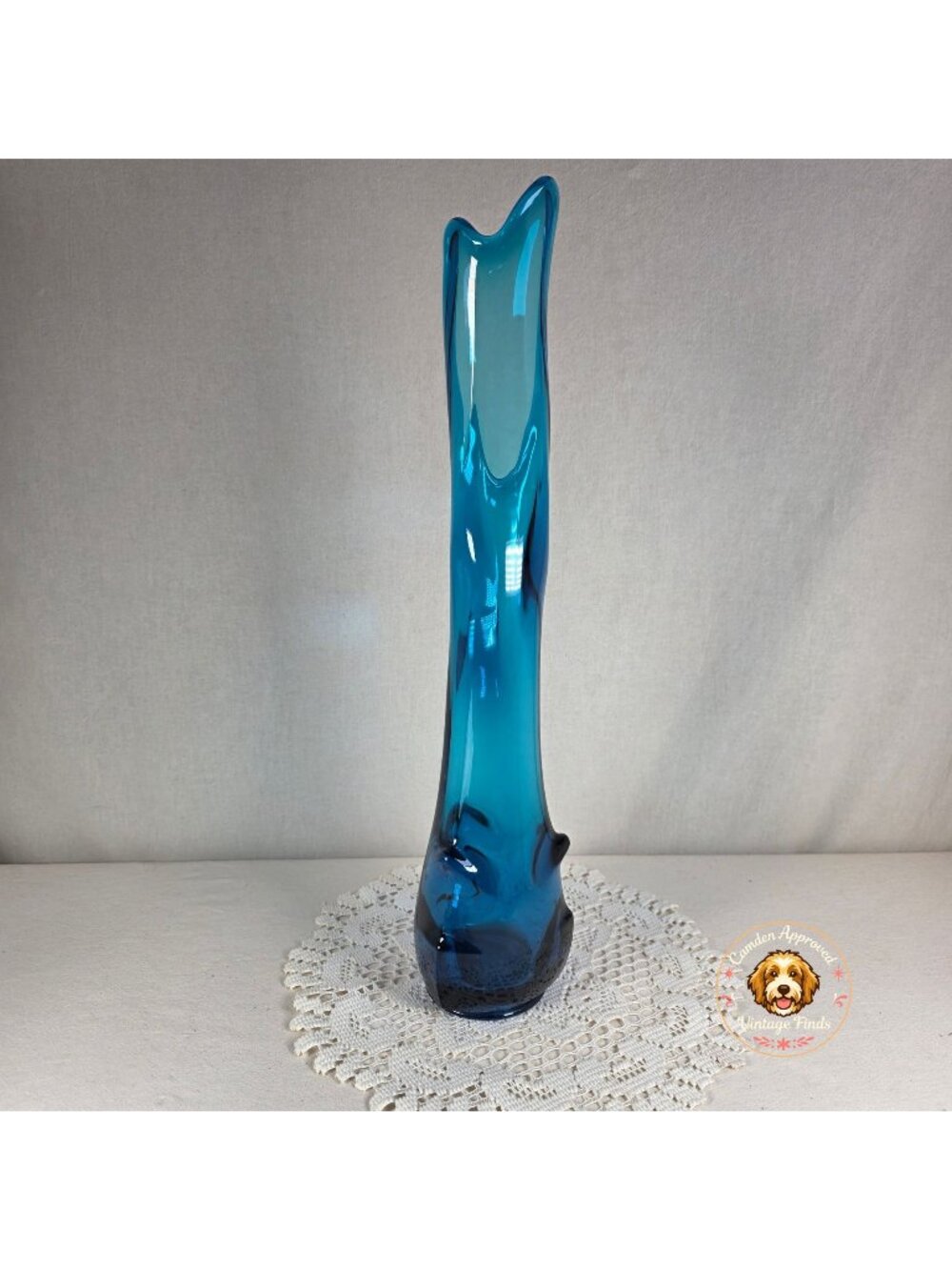 18" Vintage MCM Swung Glass Vase Tall Teal Blue Viking Style Art Glass 1960'a Re